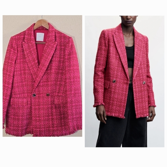 MNG Pink Button Tweed Blazer - Picture 1 of 9